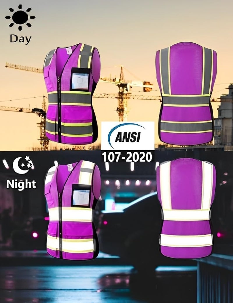 HATAUNKI Safety Vest for Women High Visibility Vest with 8 Pockets and Front Zipper Mesh Reflective Vest Meets ANSI/ISEA Standards(Purple-17, Small) - Image 4